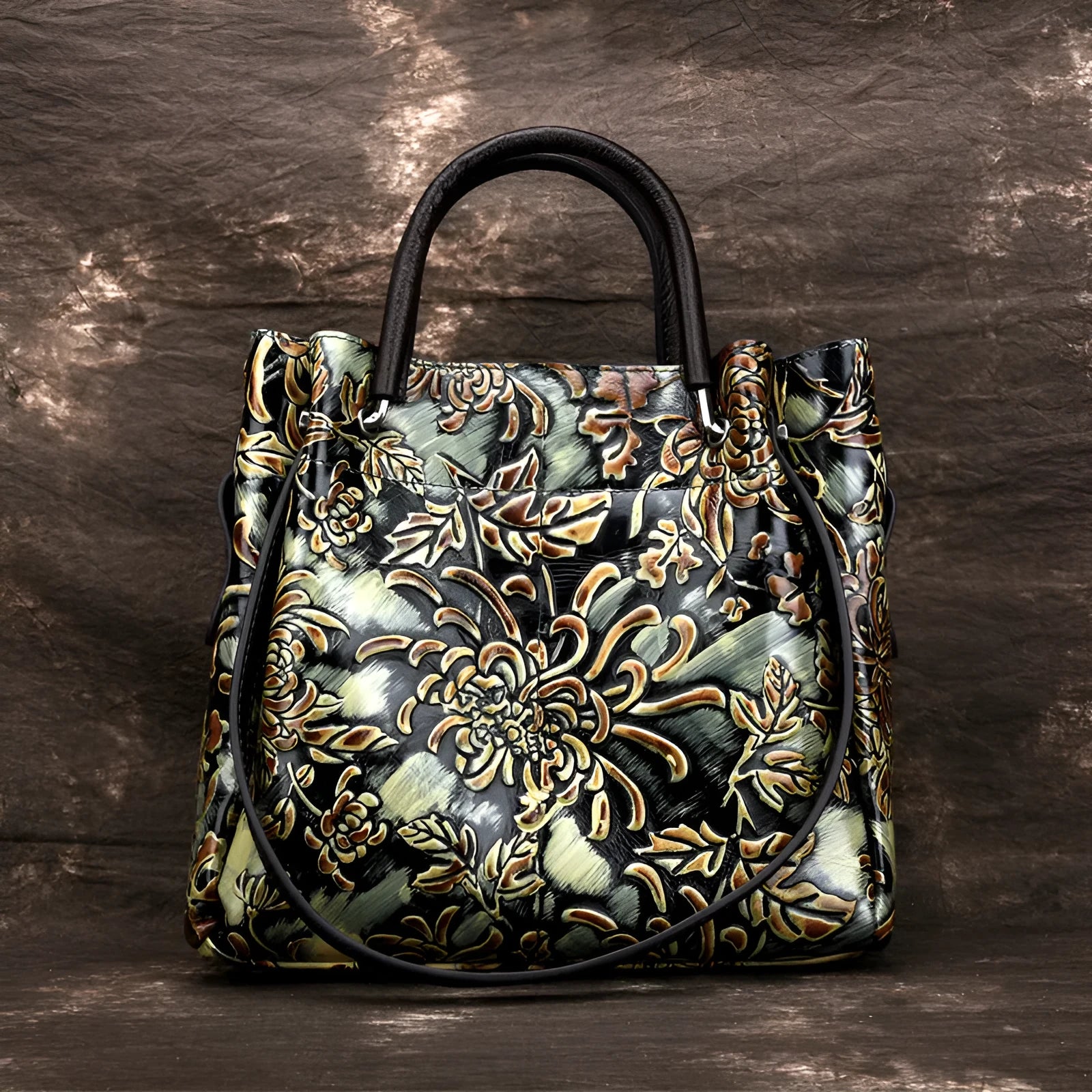 First layer cowhide women's messenger bag with embossed floral pattern, retro square shape, hard handle, and single shoulder strap in brown
