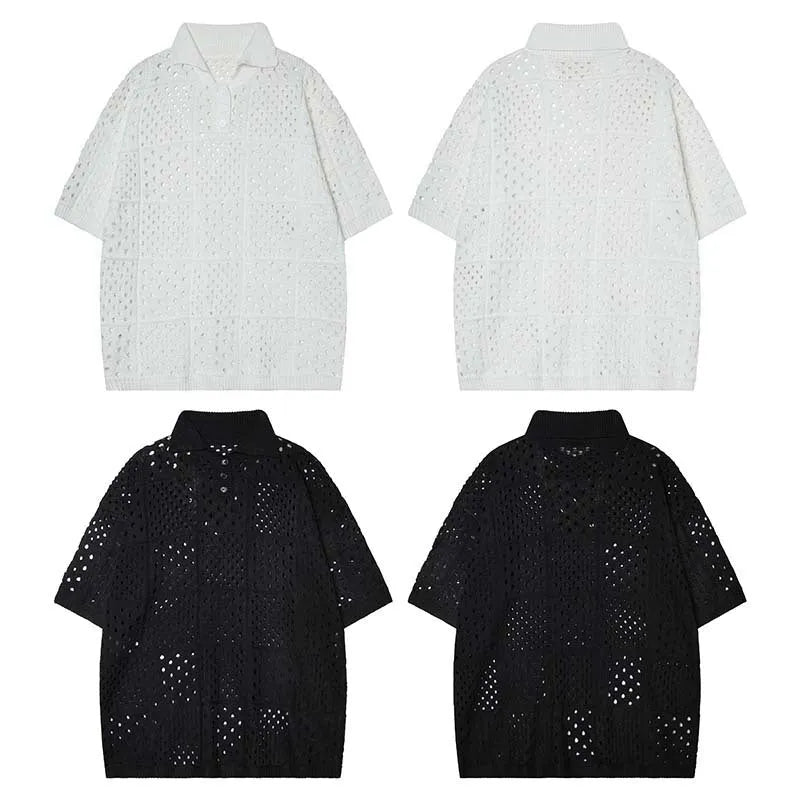 Solid colour short-sleeved polo shirt with hollow knit fabric and loose cardigan style