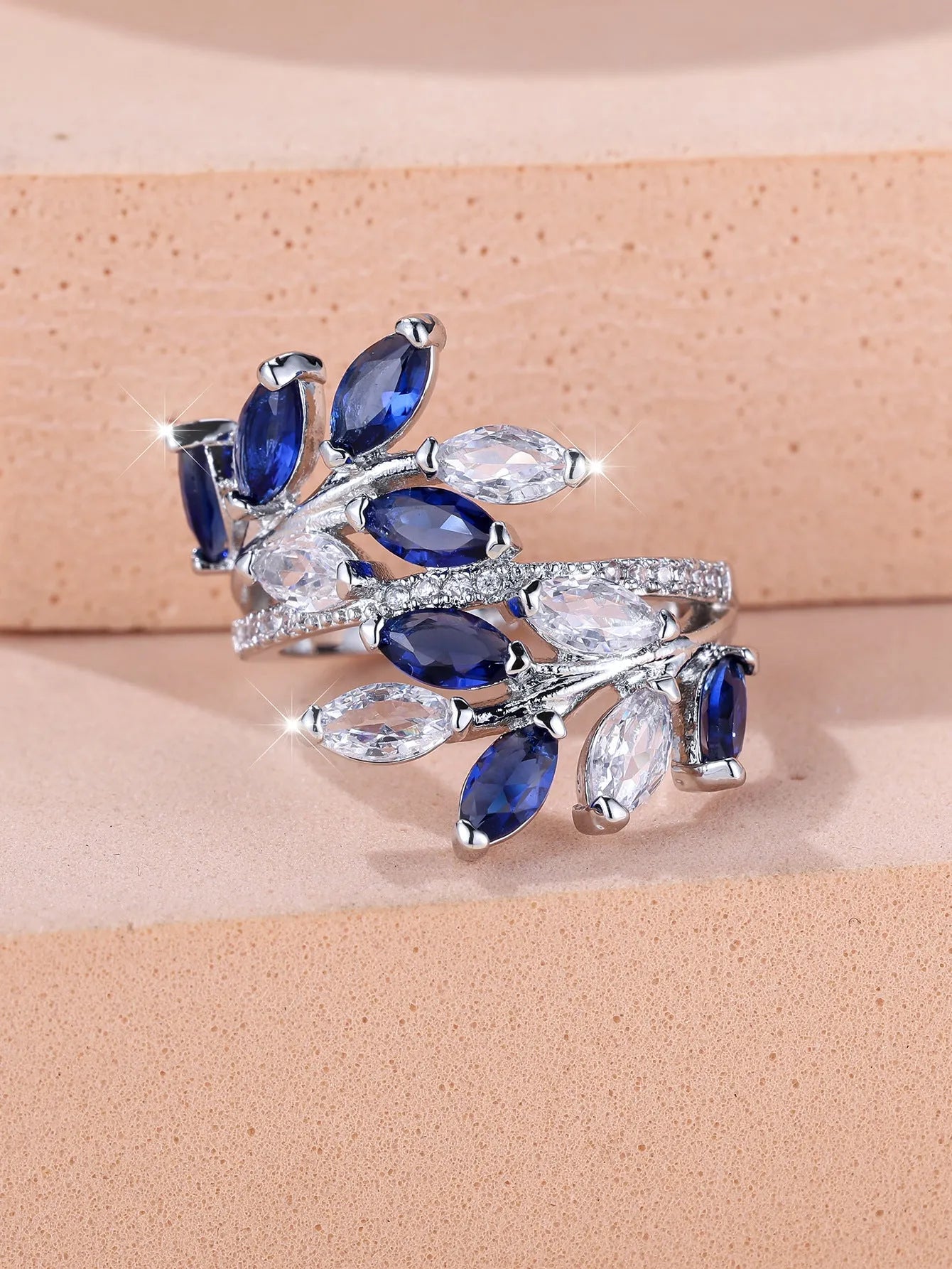 Adjustable copper leaf fashion ring with stone settings in multiple colour options