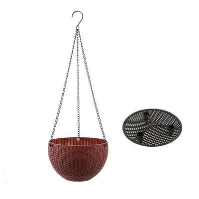 Plastic hanging basket planter with chain in one of seven colours, showing inner pot.