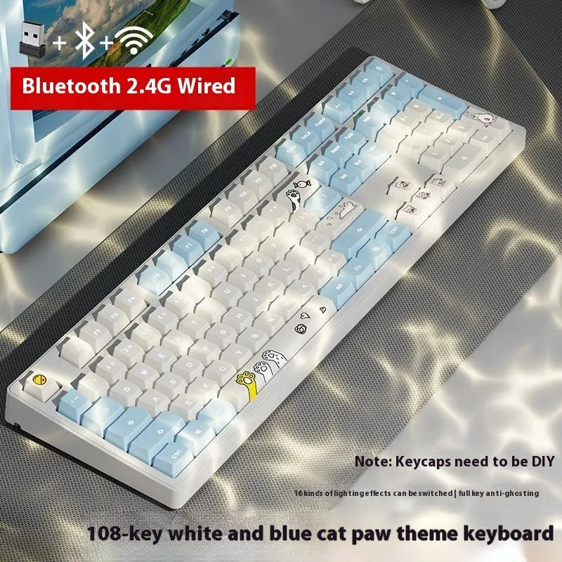 Wireless mechanical keyboard with three connection modes, shown in a choice of 87-key or 108-key layouts and various colour themes.