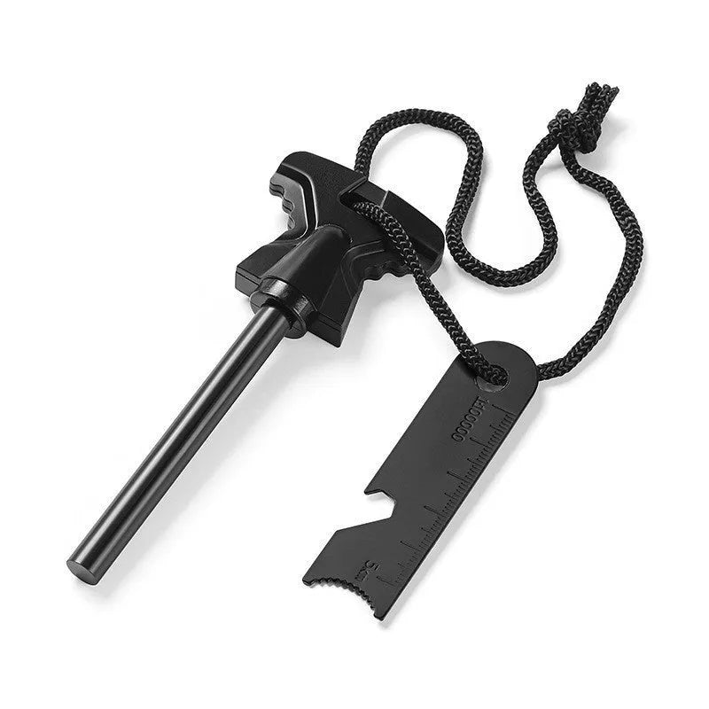 Butterfly-shaped stainless steel firestone survival tool with integrated bottle opener measuring 117x43mm