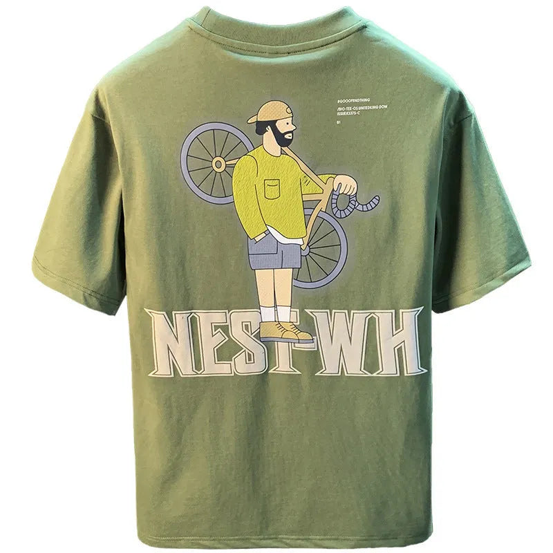 Green men's t-shirt with printed literary youth design showing loose fit and short sleeves