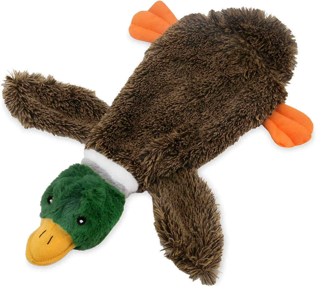 Green wild duck stuffless dog toy with a bottle inserted showing self-fasteners and plush fabric
