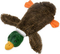 Green wild duck stuffless dog toy with a bottle inserted showing self-fasteners and plush fabric