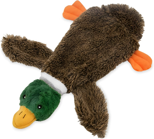 Green wild duck stuffless dog toy with a bottle inserted showing self-fasteners and plush fabric