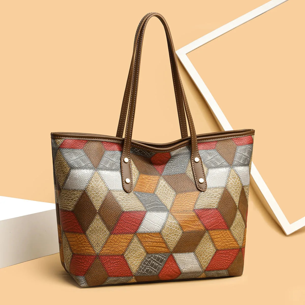 Women's large capacity PVC handbag in blue brown colour with sandwich pocket design