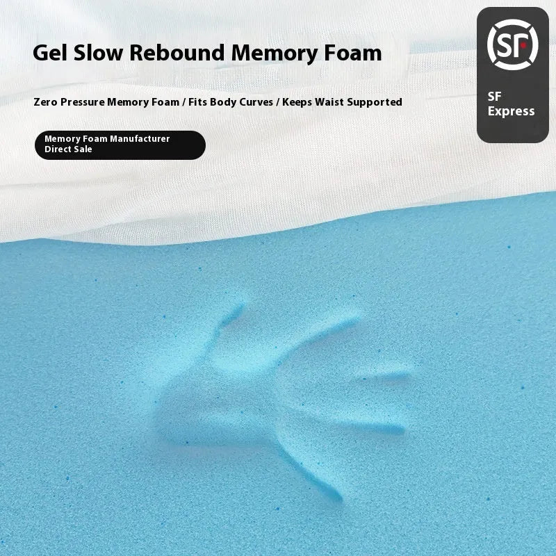 Thin gel memory foam mattress on a tatami mat, showing side profile with thickness options.