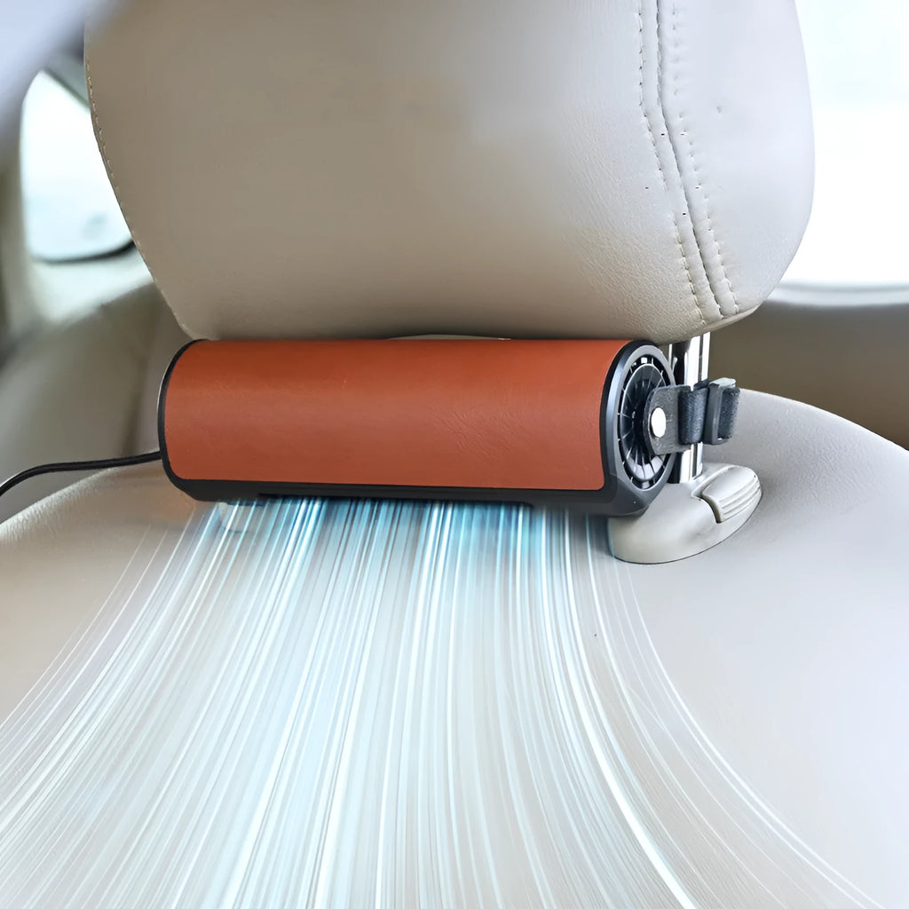 USB-powered black car fan for rear seats with 1.5-metre cable on a car headrest.