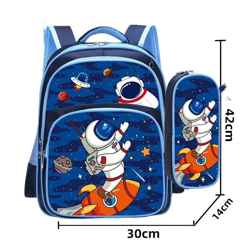 Children's sapphire blue backpack with anime cartoon prints showing dimensions and included pencil case