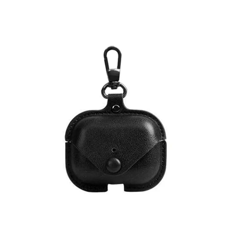 AirPods Pro protective leather case in black with cross pattern design showing dimensions