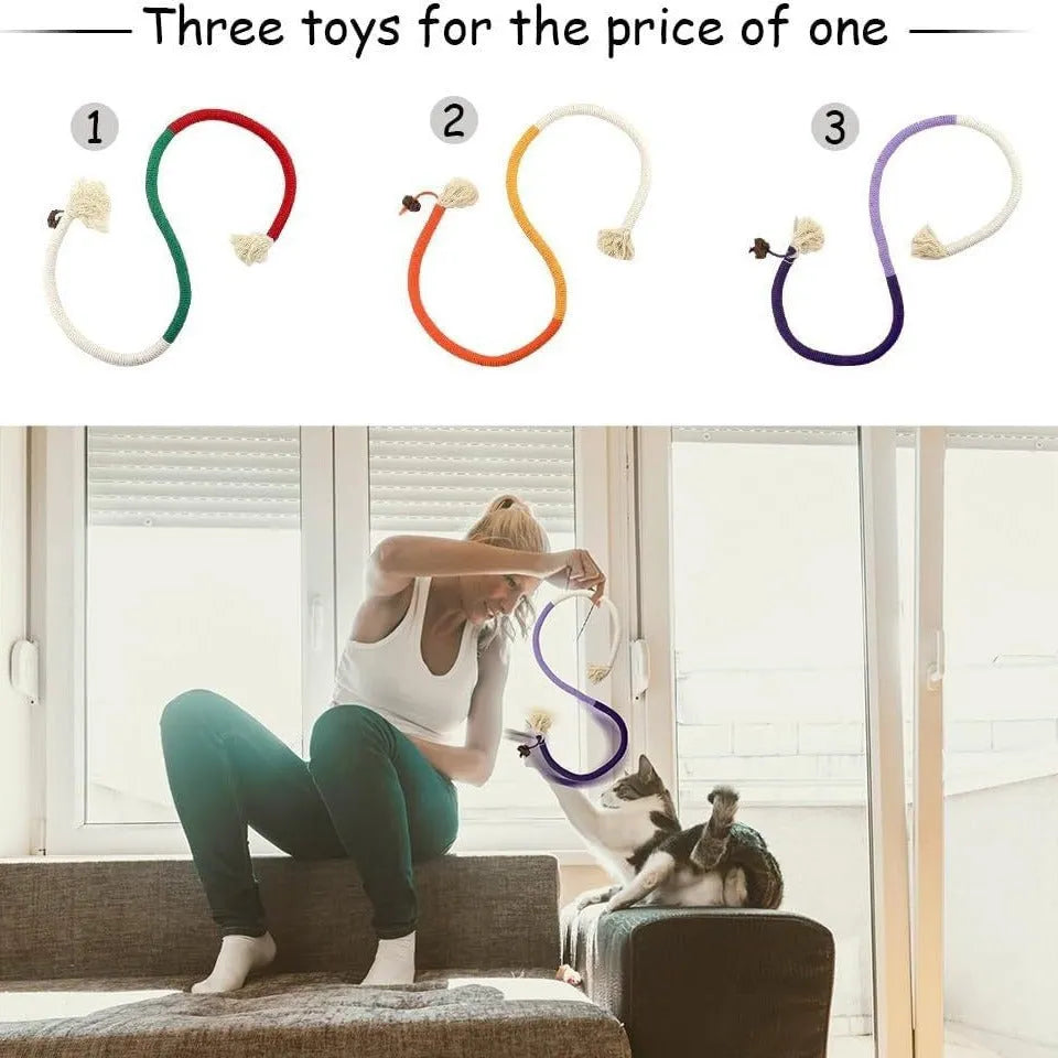Bite-resistant cat teaser toy with a long cotton string and a catnip stuffy attached, showing purple, orange, and green colour options.