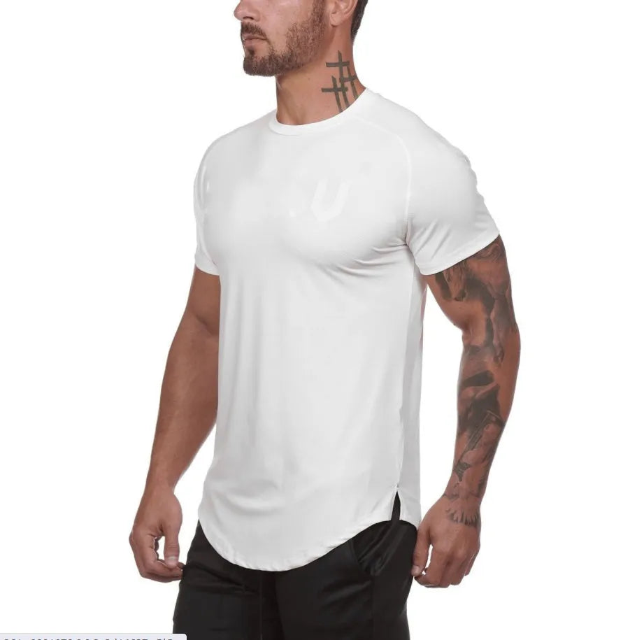 Men's plain gym shirt in cotton spandex blend shown in army green, black, and white colour options.