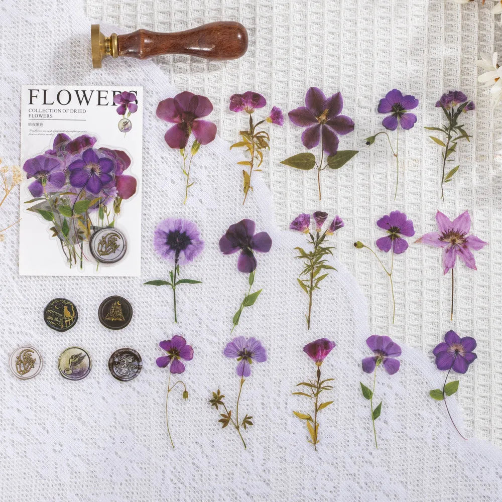 Dried flowers journal decoration stickers in 8 colour styles on PET sheets measuring 70x70mm