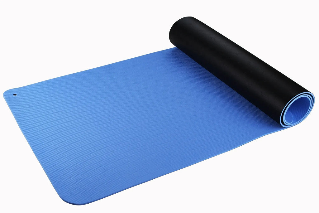 Blue conductive yoga mat with grounding wire, plants and flowers pattern, 182cm long by 61cm wide