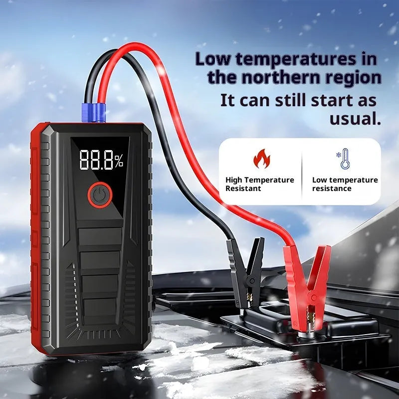 Car emergency jump starter 1500mAh 1000A with storage bag and clips on white background