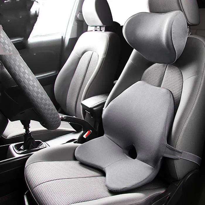 Memory foam car seat waist support pad in beige colour with optional headrest attachment