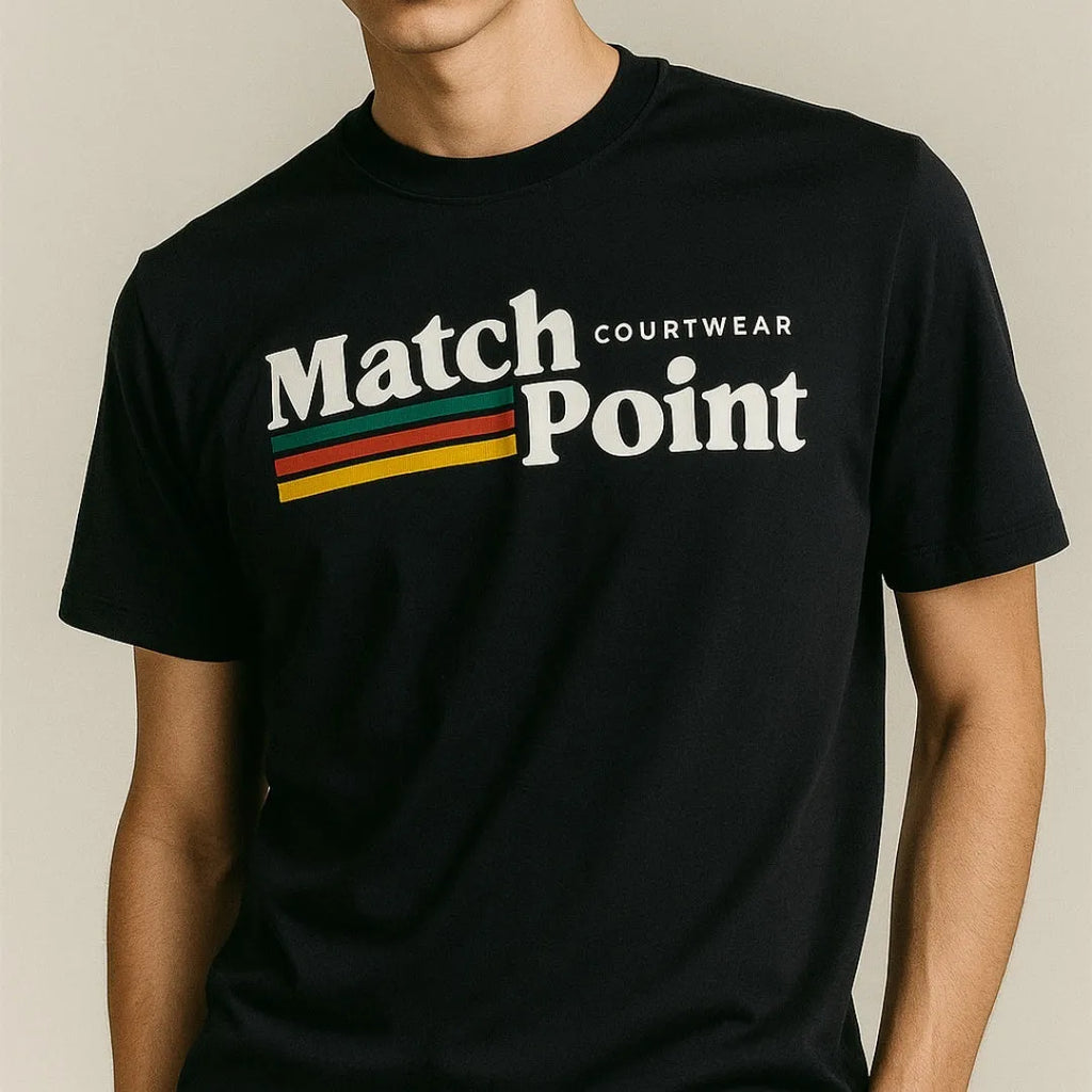 Black men's T-shirt with 3D digital printed text pattern, short sleeves, and round neck.