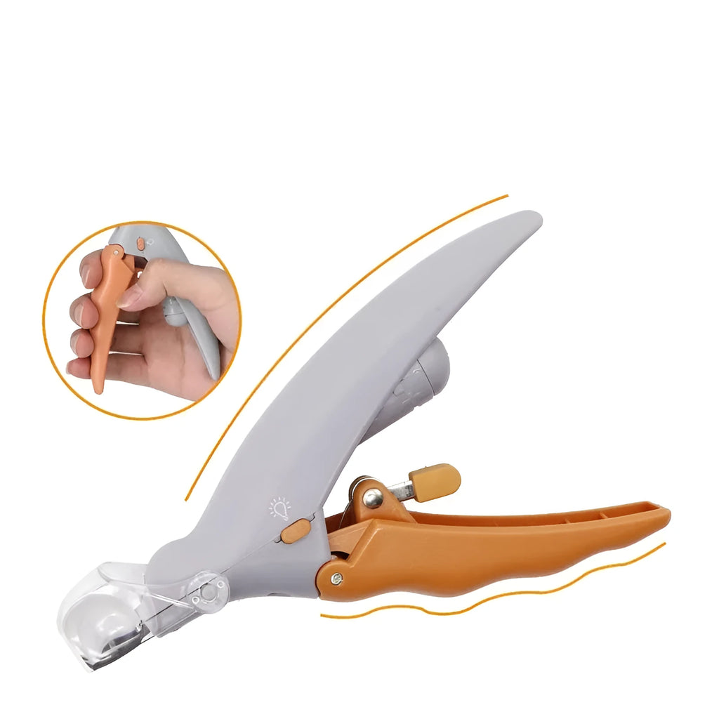 Yellow pet nail clipper for dogs and cats with LED light, magnifying lens, safety guard, and non-slip grip.