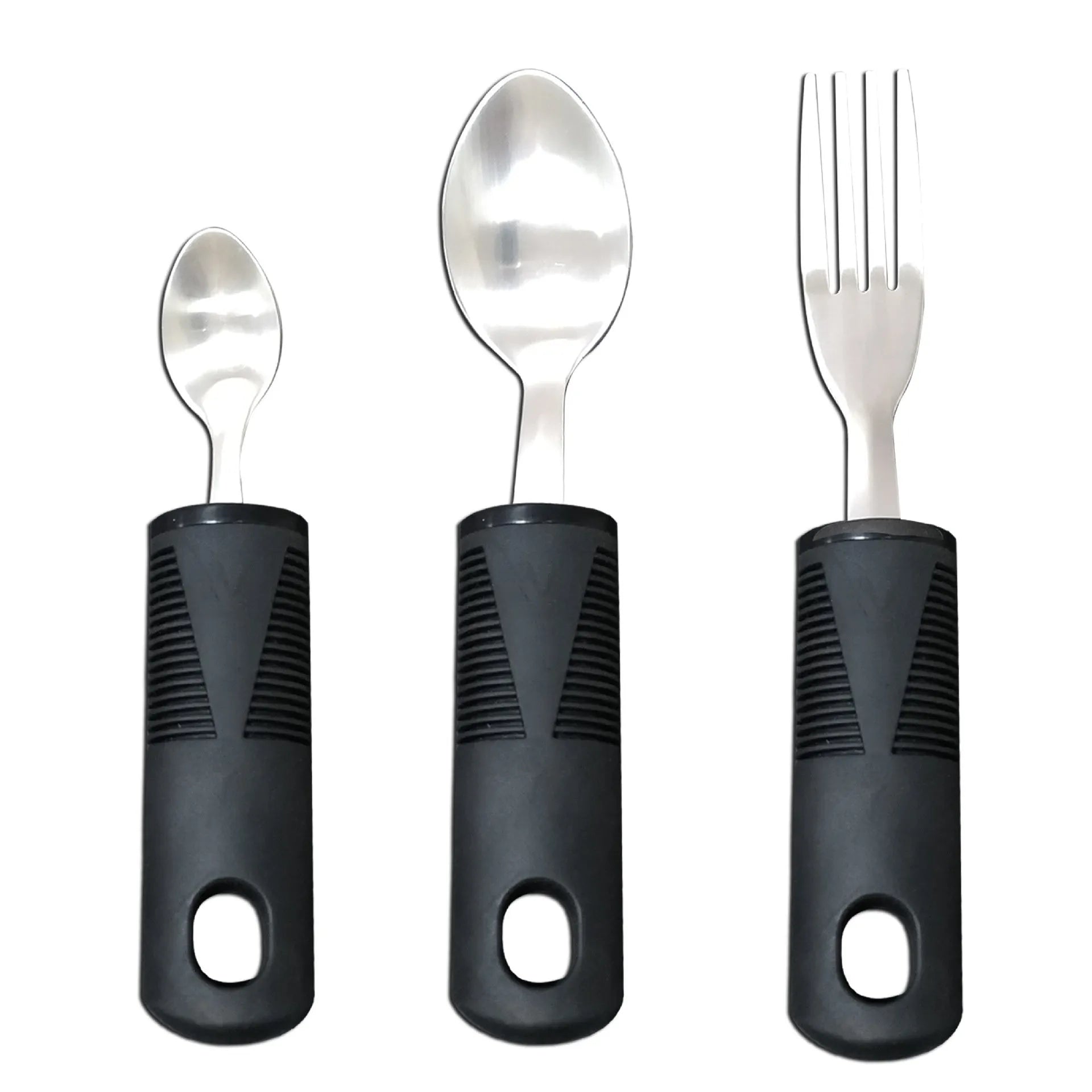 Adaptive cutlery set with stainless steel utensils and rubber grip handles for hand tremor assistance