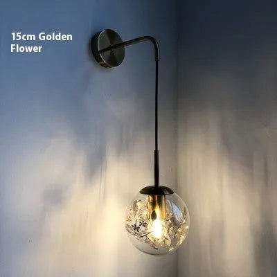 Glass bedside wall lamp in golden flower or silver flower finish, 15cm or 20cm size