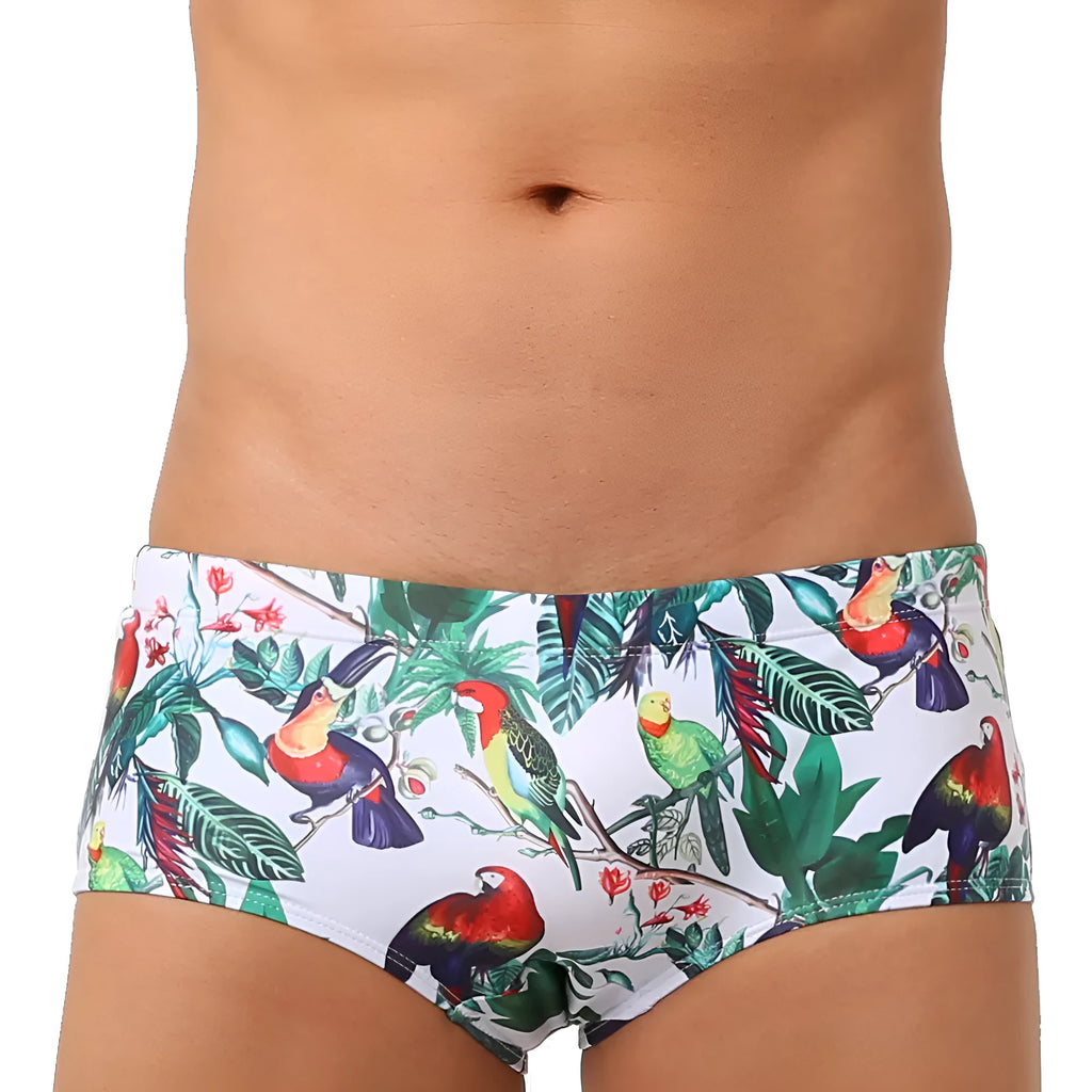 Men's navy swim trunks with white and red flower-bird print pattern, boxer briefs style