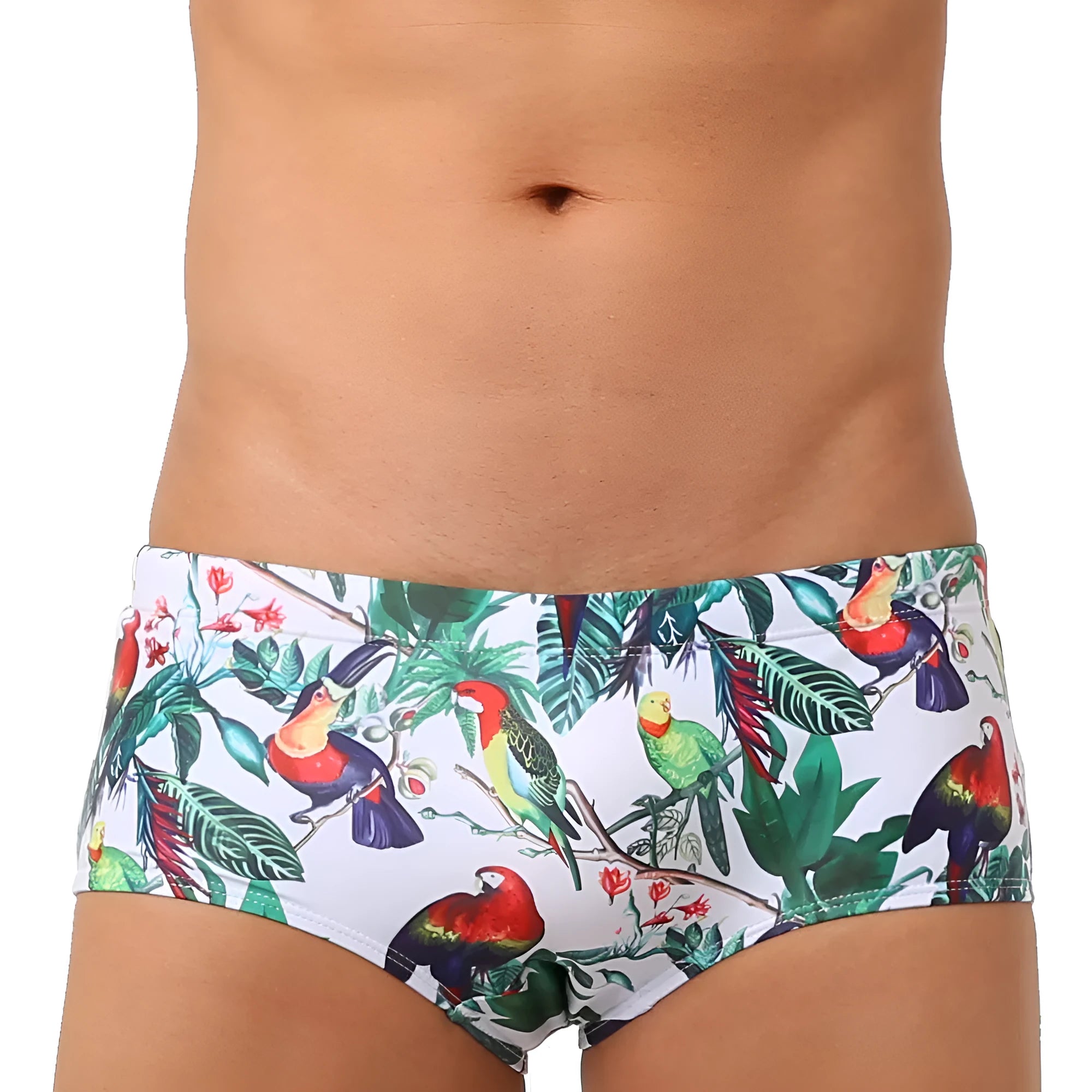 Men's navy swim trunks with white and red flower-bird print pattern, boxer briefs style