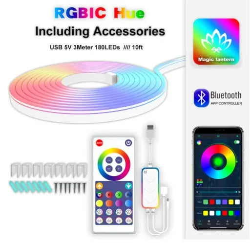 3 metre USB-powered RGB neon light strips with Bluetooth music sync and remote control