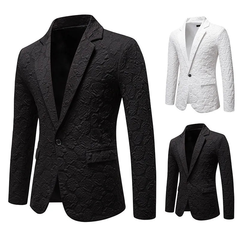 Slim-fit groom suit top in black with bag cover seam pocket, polyester blend, front view on mannequin