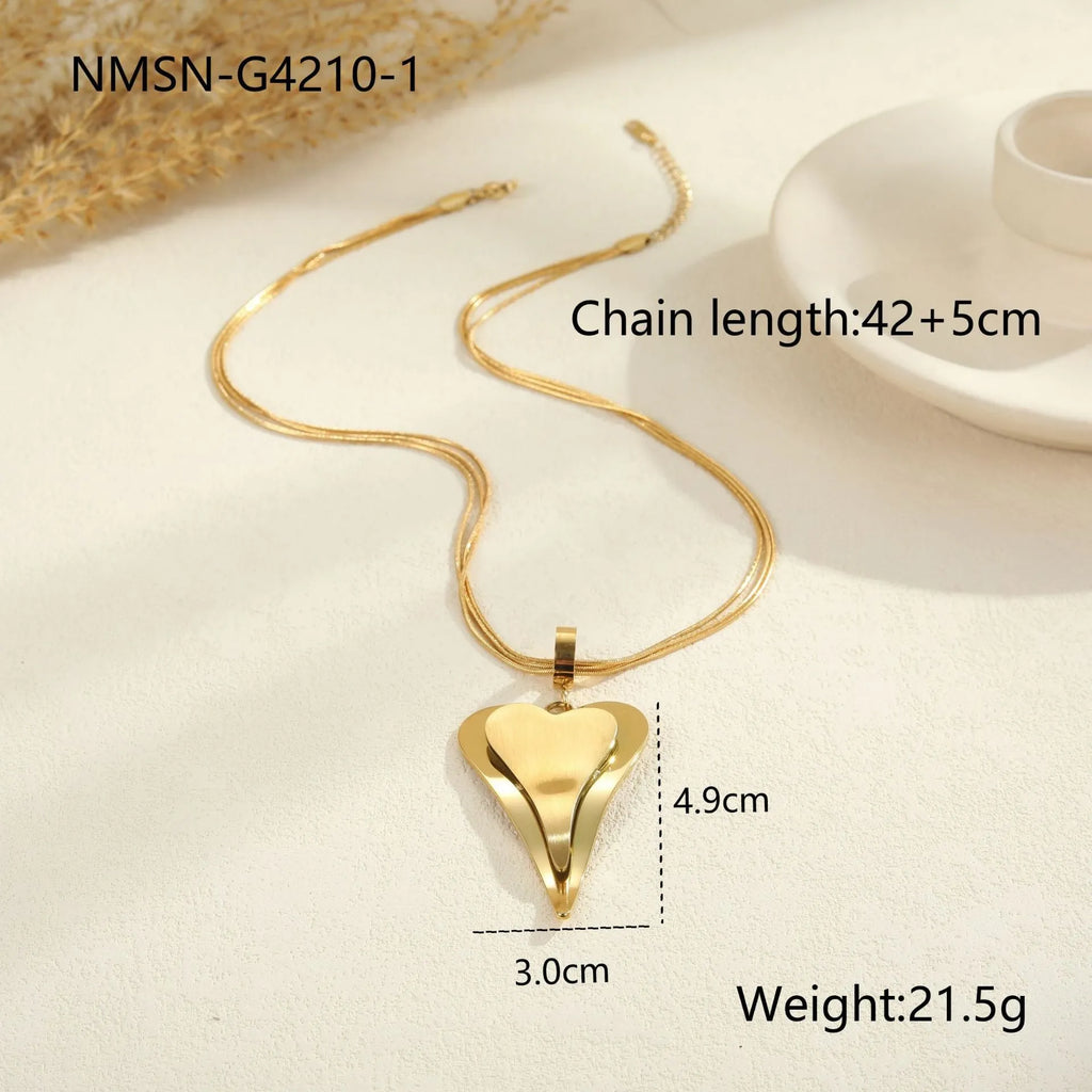 Women's stainless steel double heart snake bones chain necklace with geometric pendant