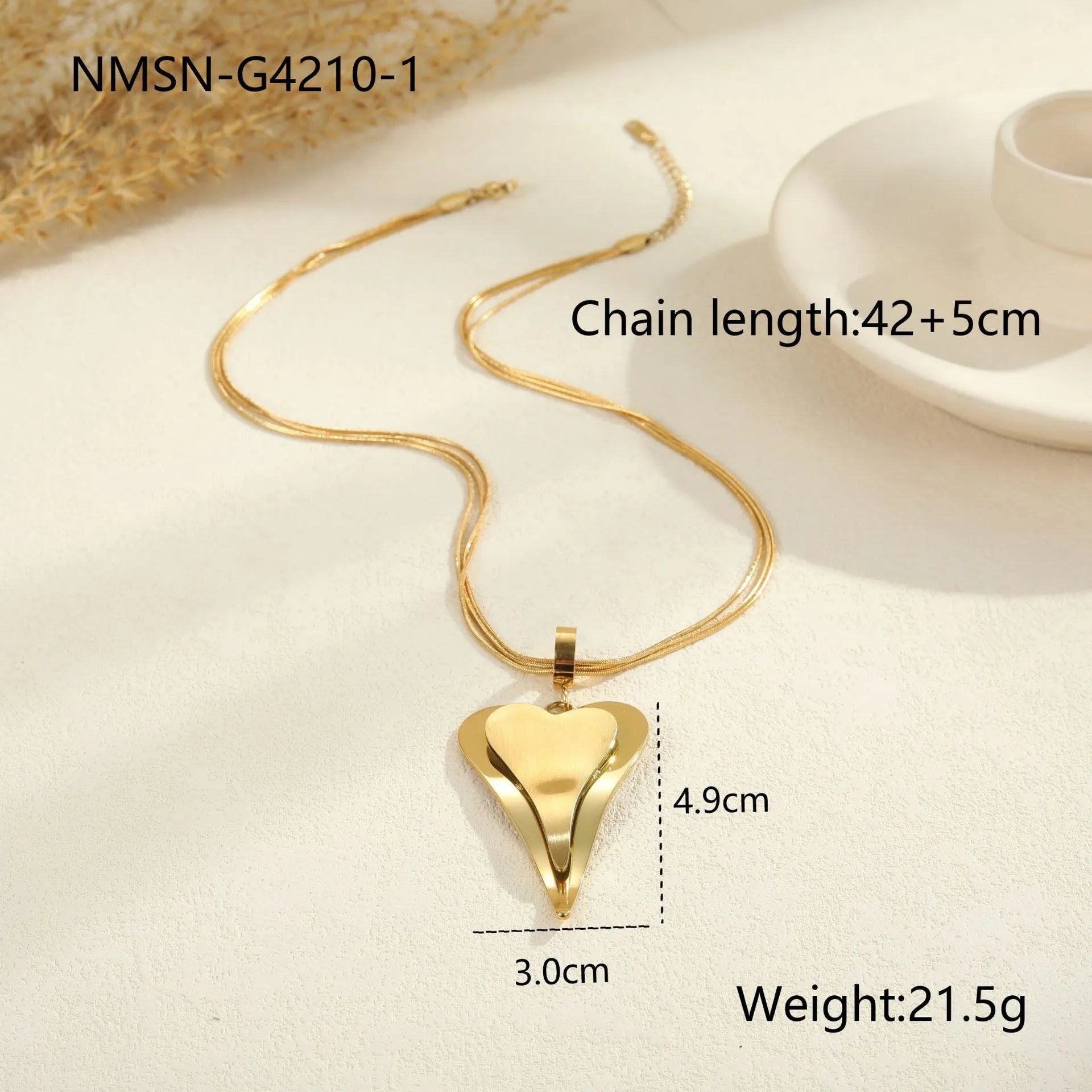 Women's stainless steel double heart snake bones chain necklace with geometric pendant