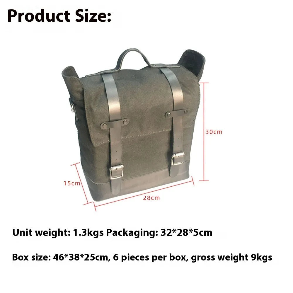 Large black waterproof canvas motorcycle side bag with cowhide top layer mounted on motorcycle