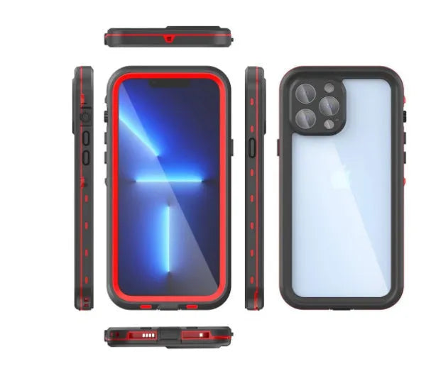 FREDPEPPER IP68 waterproof hard case for iPhone in black, blue, and red colours.