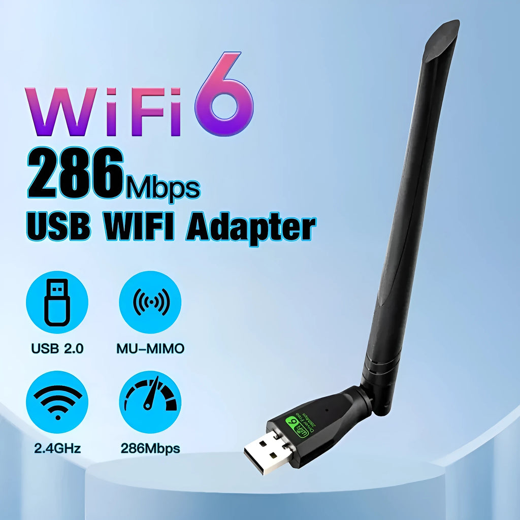 Black USB WiFi6 wireless network card with driver-free operation for computer connectivity