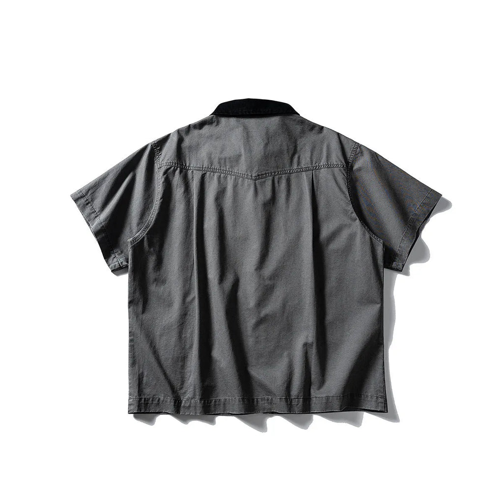 Washed cotton overalls shirt in short sleeve cardigan style, khaki colour, loose fit