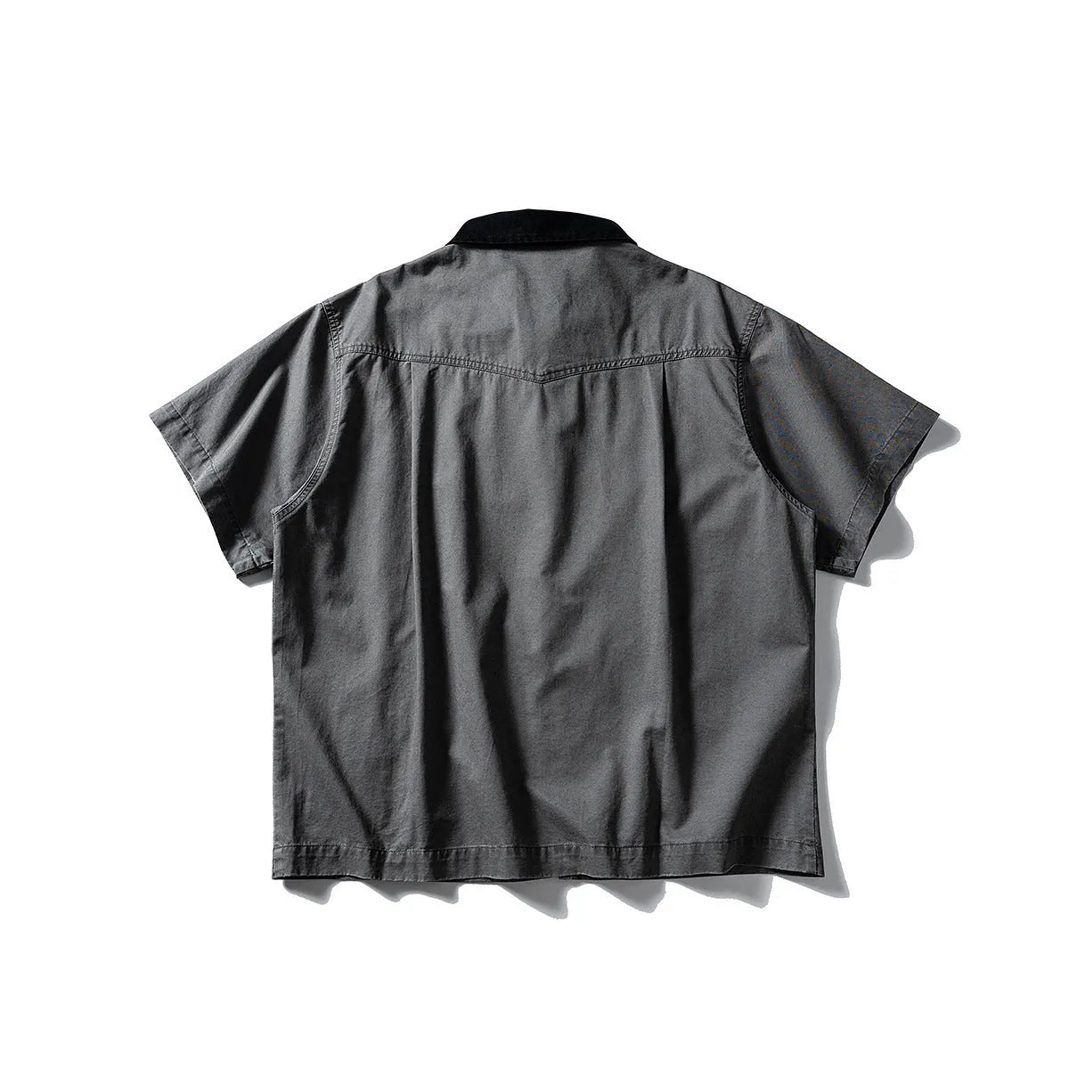 Washed cotton overalls shirt in short sleeve cardigan style, khaki colour, loose fit