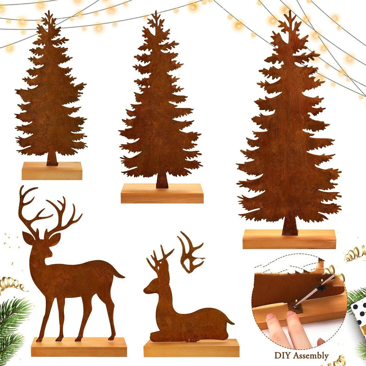 Set of three rusty metal Christmas ornaments featuring elk and tree designs.