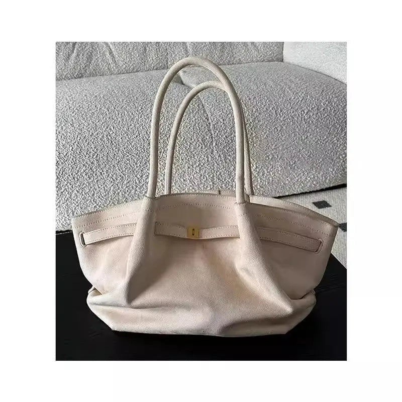 Milky white suede large capacity tote bag with double shoulder straps and zipper changing bag interior