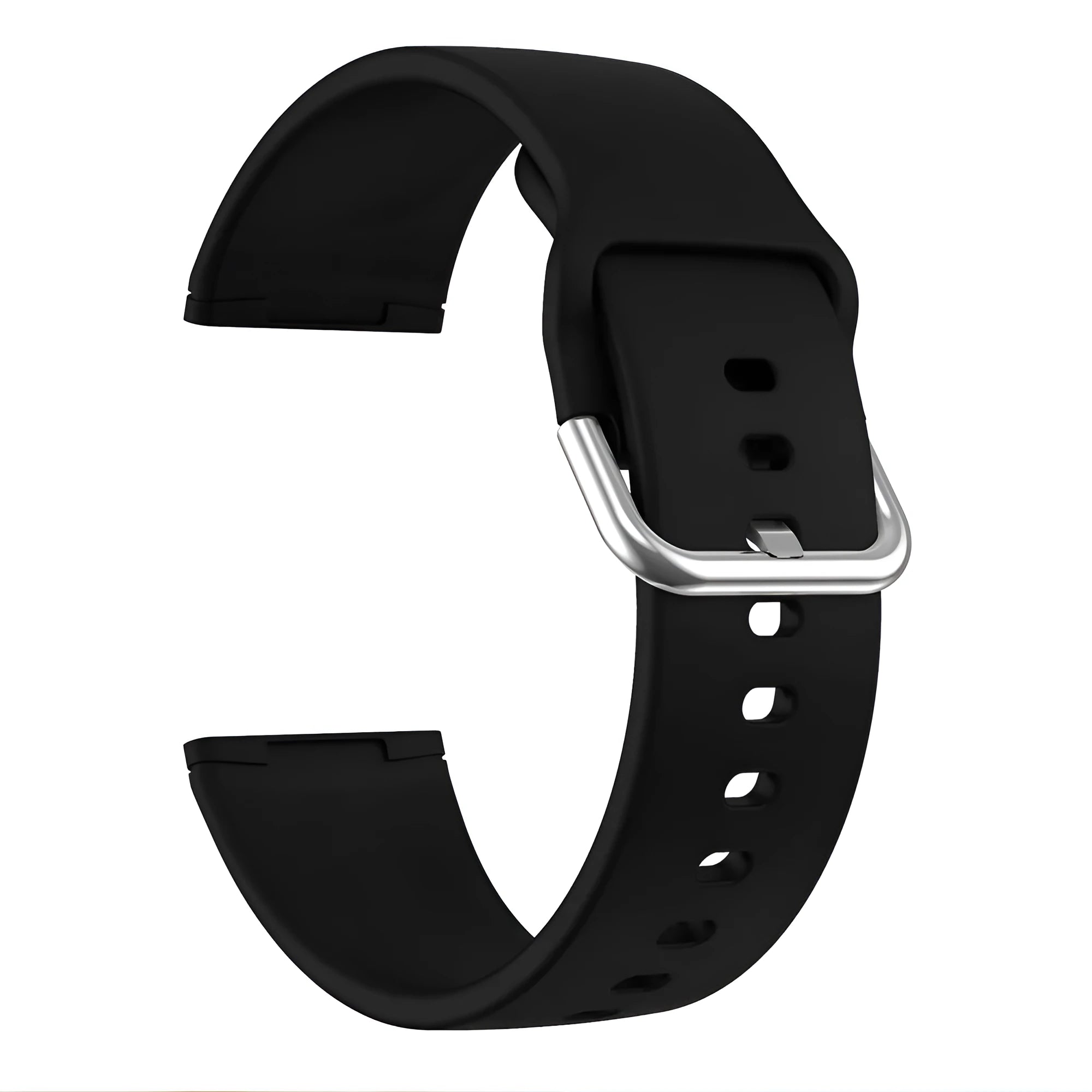 Solid colour silicone replacement strap with silver buckle for Fitbit Versa 3 and Sense 2 fitness trackers.