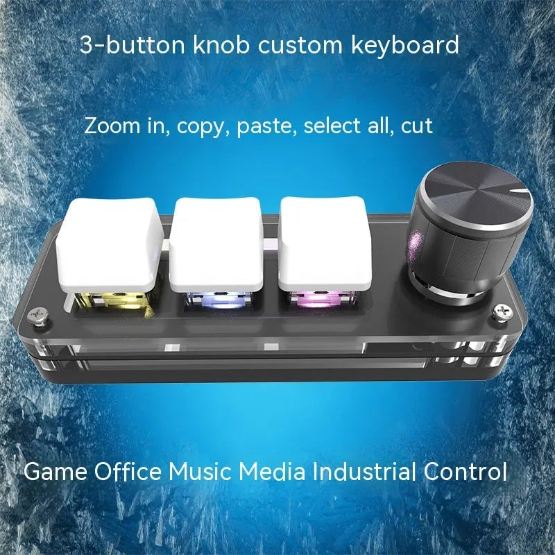 Black programmable mini keyboard with RGB backlit keys for copy and paste commands.