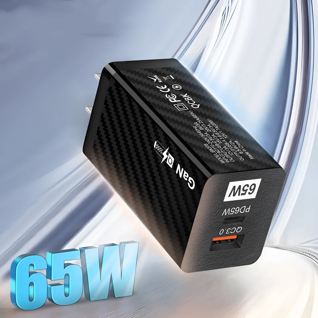 White gallium nitride GaN 65W laptop charger with USB-C port shown next to EU, UK, and US plug options
