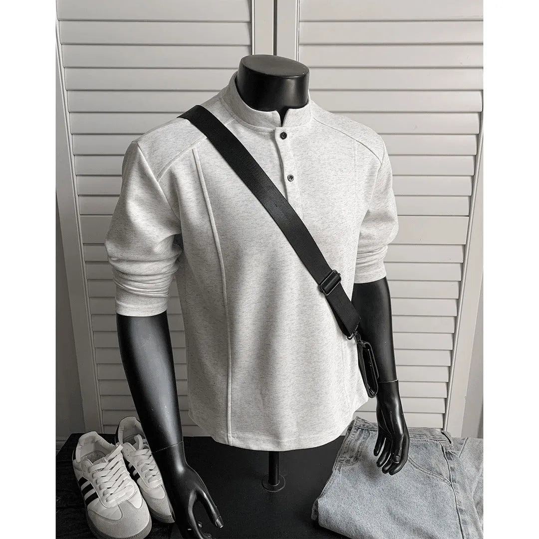 Men's long sleeve patchwork polo shirt with stand-up collar in black, heather gray, and white flower gray cotton fabric