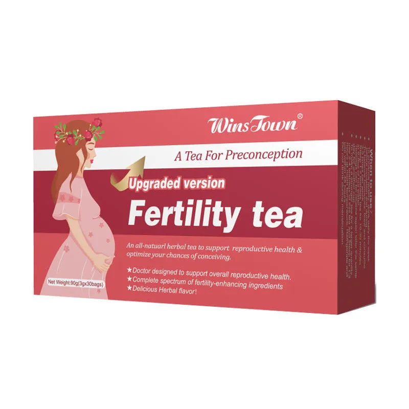 Box of fertility tea containing three packs with 30 tea bags each for reproductive health support