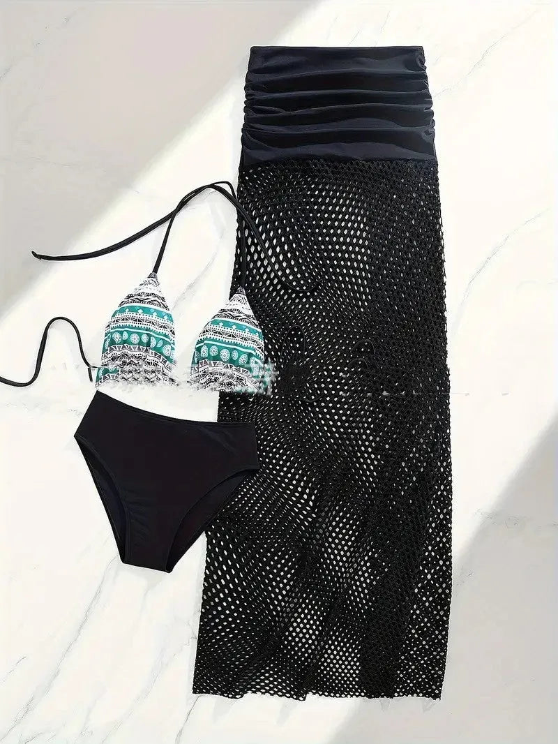 Women's brown, rose pink, and black bikini set with fishnet long skirt, three-piece swimwear