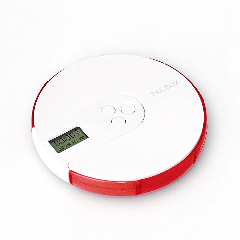 Blue 7-compartment electronic alarm clock pill dispenser showing timer display and separate lids.