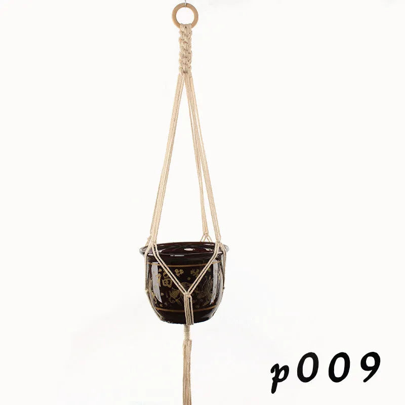 Woven wire cotton rope macramé plant hanger in a European village style, shown as a desktop, wall-mounted, and hanging basin.