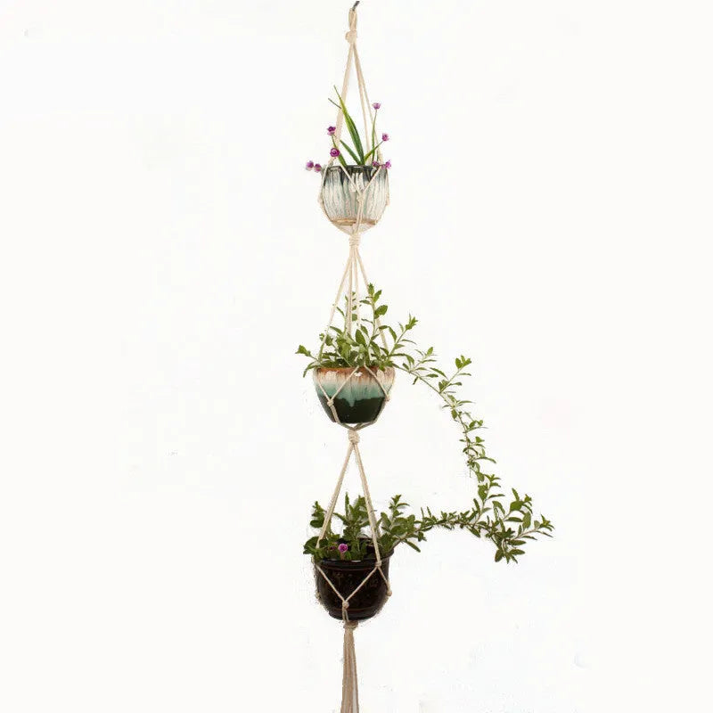Woven wire cotton rope macramé plant hanger in a European village style, shown as a desktop, wall-mounted, and hanging basin.
