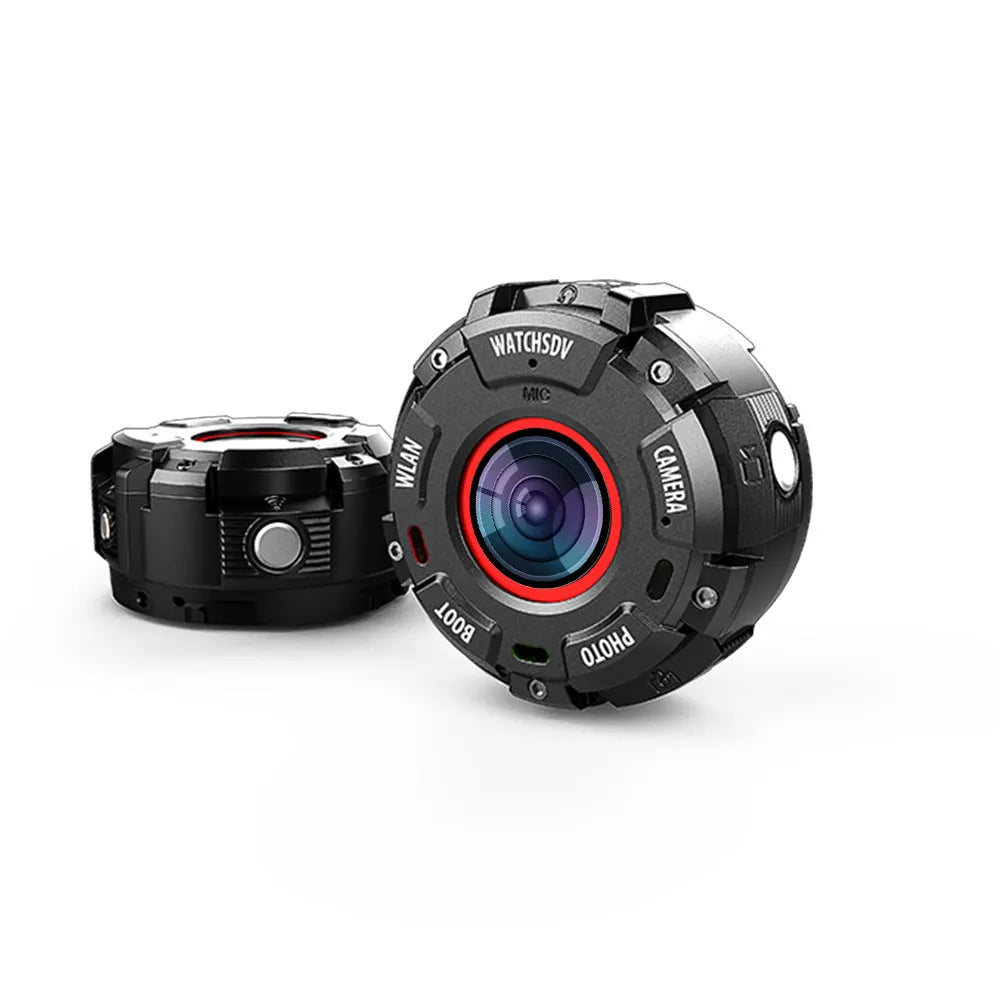Black waterproof digital sports camera with compact 290mm length shown on an outdoor background.
