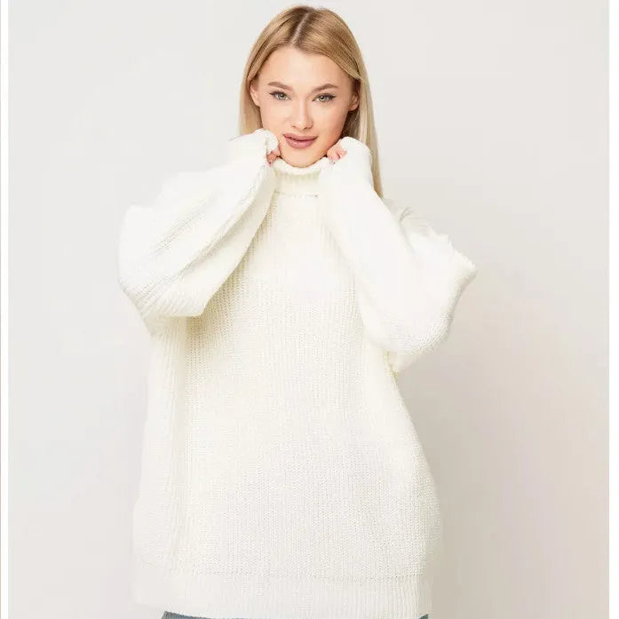 Women's high neck loose fit pullover sweater in thick imitation cashmere fabric, solid colour option shown.