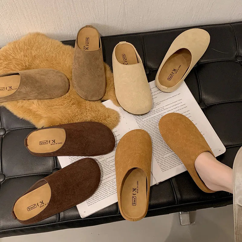 Korean style square toe outdoor slippers in apricot colour with a microfiber upper and PU sole.
